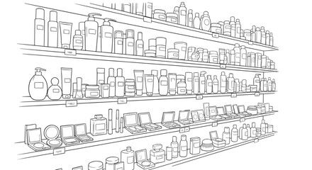 Fototapeta premium Various cosmetics on shelves in a beauty store engraving sketch hand drawn style black and white vintage illustration vector.