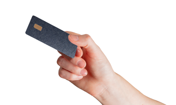 Hand holding blue bank card with chip, concept of modern finance, secure payment, and electronic