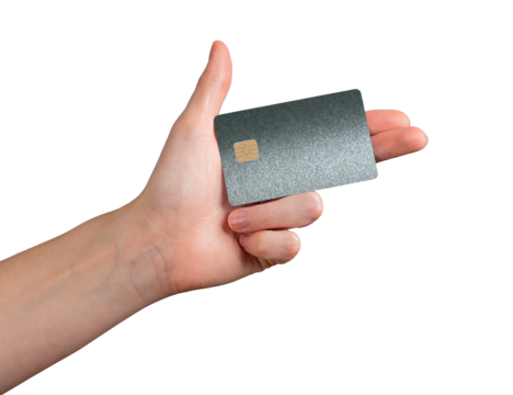 Hand holding bank card with chip, concept of modern finance, secure payment, and electronic