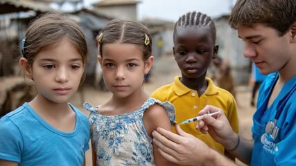 Vaccination Drive: A healthcare worker administers a vaccine to a child, surrounded by other children, as a symbol of community health, care and protection.