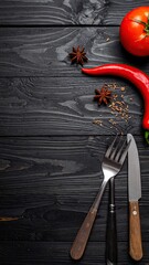 Rustic dark wood background with fresh chili tomato and spices for cooking.