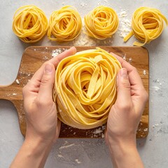 Freshly Made Tagliatelle Pasta Nests Prepared by Hands on Wooden Board with Flour.