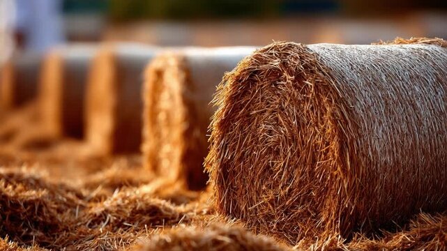 Hay Bales: A close-up shot captures the textured beauty of freshly harvested hay bales, lined up in rows. Emphasizing the patterns and details of rural life, a celebration of the harvest season.