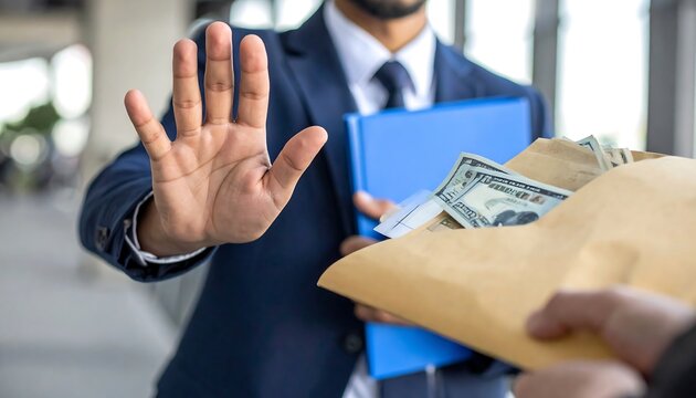 A man in a suit raises his hand to deny a brown envelope full of money being offered by another person