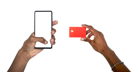 Hand holding phone and card, man using mobile device for online payment and shopping, digital