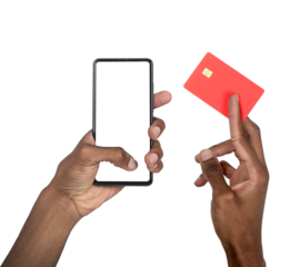 Hand holding phone and card together, male user making online payment with smartphone, digital