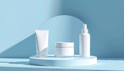 Minimalist arrangement of white skincare product containers on a blue podium with soft shadows.