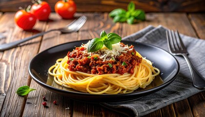 Delicious Spaghetti Bolognese Meal Served on Rustic Wooden Table Garnished with Basil.