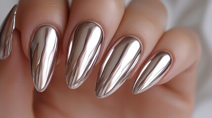 Hand with sleek, pointy, reflective metallic silver chrome fingernails