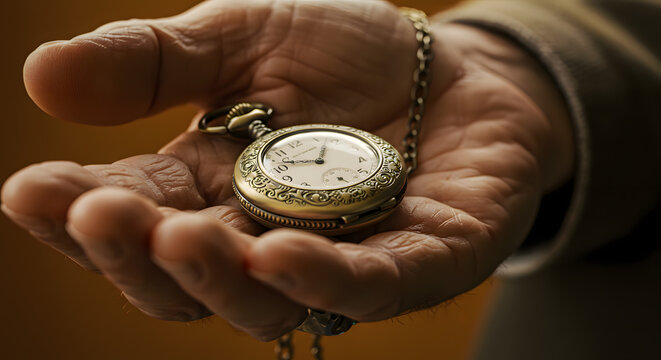 Antique Gold Pocket Watch Held in Wrinkled Hand Close Up