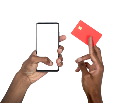 Hand holding phone and card together, male user making online payment with smartphone, digital
