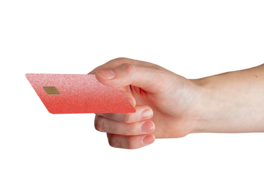 Hand holding red bank card with chip, concept of modern finance, secure payment, and electronic