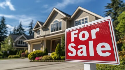 Obraz premium House for sale sign, suburban home blurred in background, sunny day