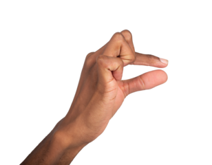 Hand holding small invisible object between fingers, thumb and index pinched in delicate gesture,