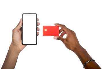 Hand holding smartphone and debit card, man using mobile device for online payment, secure shopping