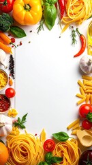 Fresh Italian Food Ingredients and Pasta Border Arrangement.