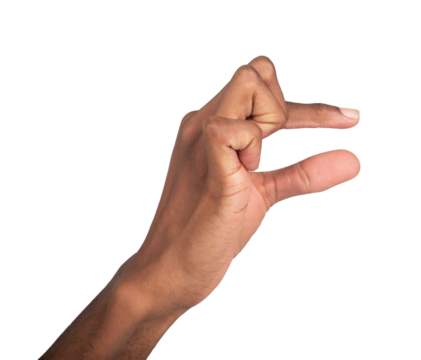 Hand holding small invisible object between thumb and index, fingers pinched in delicate gesture,