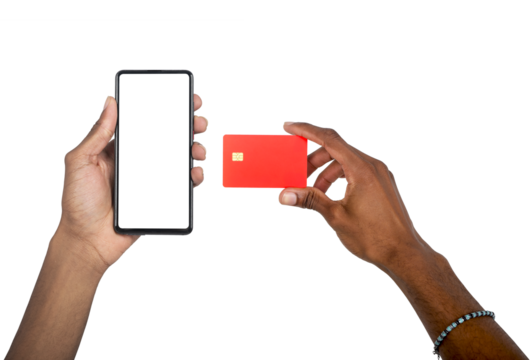 Hand holding smartphone and debit card, man using mobile device for online payment, secure shopping