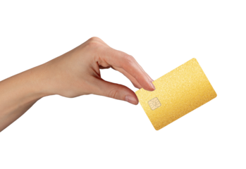 Hand holding yellow bank card with chip, symbol of modern finance, secure electronic payment,