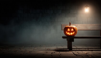 Creepy Halloween Jack-O'-Lantern Pumpkin With Glowing Eyes On Wooden Display Bench In Eerie Foggy Environment With Illuminated Dark Stone Wall.