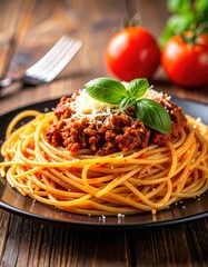 Classic Spaghetti Bolognese Pasta Dish with Fresh Basil Garnish.