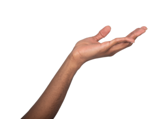Hand open and cupped in gentle gesture, palm raised and fingers curved as if displaying or