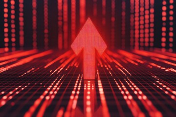 A bold red arrow points upward amidst a digital landscape of glowing grids and dotted lines, symbolizing progress and direction in a tech-inspired setting.