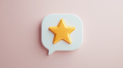 A 3D golden star inside a speech bubble icon on a soft pink background, symbolizing feedback or recognition.