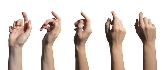 Hand with finger extended in clicking gesture, woman touching virtual button or screen, concept of