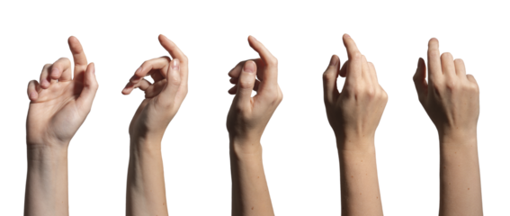 Hand with finger extended in clicking gesture, woman touching virtual button or screen, concept of