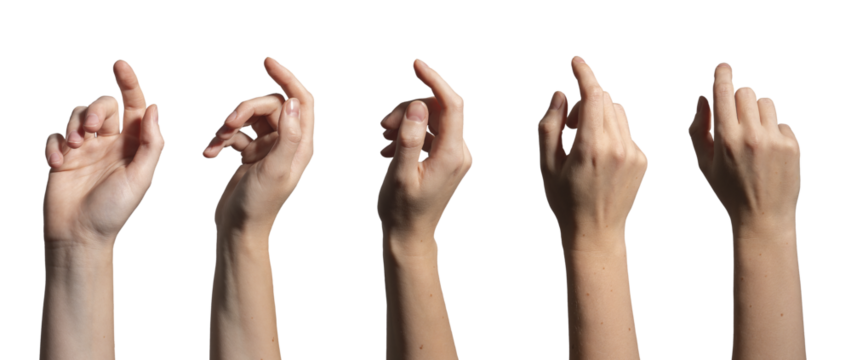 Hand with finger extended in clicking gesture, woman touching virtual button or screen, concept of