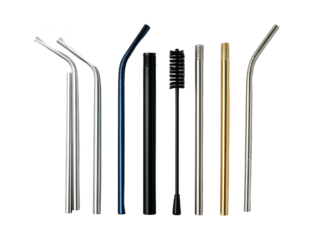 Reusable metal straws assortment, white isolate background