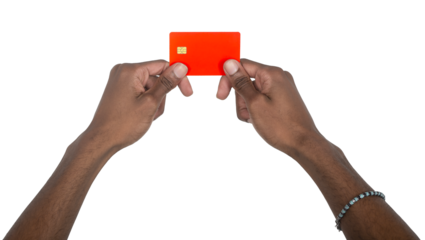 Hands holding bank card with golden chip, male customer making payment in business or retail