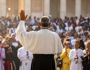 A man wearing white robes addresses a large crowd, arms raised