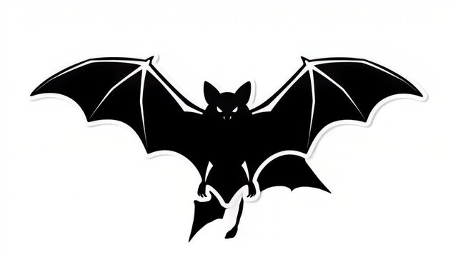 Silhouetted black bat with white outline, wings outstretched, against a white background, a Halloween illustration