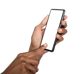 Phone in hand with finger pointing to screen, index tapping button in mobile app interaction,