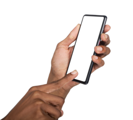 Phone in hand with finger pointing to screen, index tapping button in mobile app interaction,