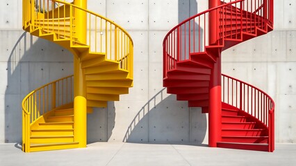 Modern yellow and red spiral staircases on concrete wall with geometric shadow design
