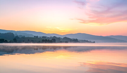 Fototapeta premium Serene Lake Reflecting Soft Pink and Orange Sunset with Distant Hilly Horizon Landscape in Foggy Mist and Gentle Ripples on Water Surface