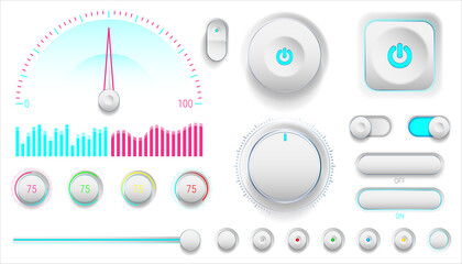 Futuristic control panel interface with glowing dials, switches, meters, and gauges in neon blue and pink tones, modern dashboard UI for technology or music visualization design.
