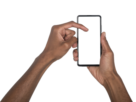 Phone in hand with finger scrolling screen, black man using smartphone device for reading or app