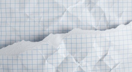 White crumpled texture of paper with blue grid, empty wrinkly background with torn edge