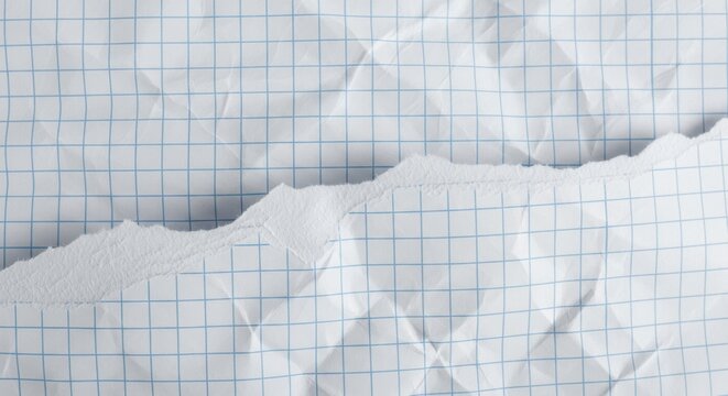 White crumpled texture of paper with blue grid, empty wrinkly background with torn edge
