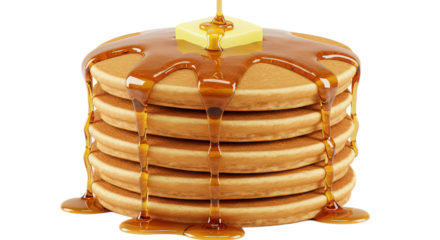Stack of delicious pancakes with butter and maple syrup isolated on transparent background being poured on top