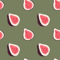 Seamless pattern of stylized sliced figs arranged across dark background for bold fruity organic Mediterranean decorative illustration