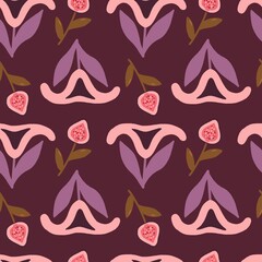 Deep purple seamless pattern with stylized feminine symbolic forms arranged in repeating decorative layout for modern expressive design