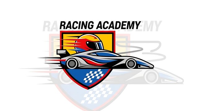 Racing Academy Logo with Formula Car and Helmet Design.