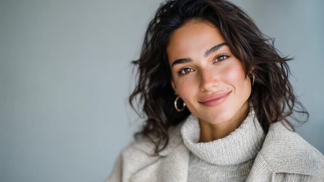 A confident woman exudes elegance in a studio setting, her natural glow complemented by a sophisticated, neutral backdrop.