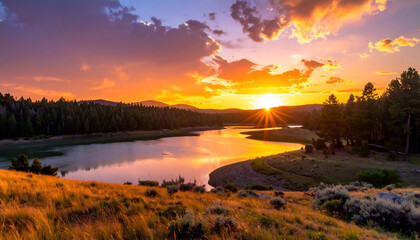 Fototapeta premium Vibrant Golden Sunset Reflection Over Serene Lake Surrounded by Lush Green Forest and Meadow with Dramatic Clouds in Warm Orange and Yellow Sky