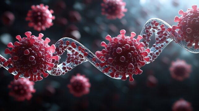 Microscopic view of virus with a DNA strand, red, dark background, 3D render